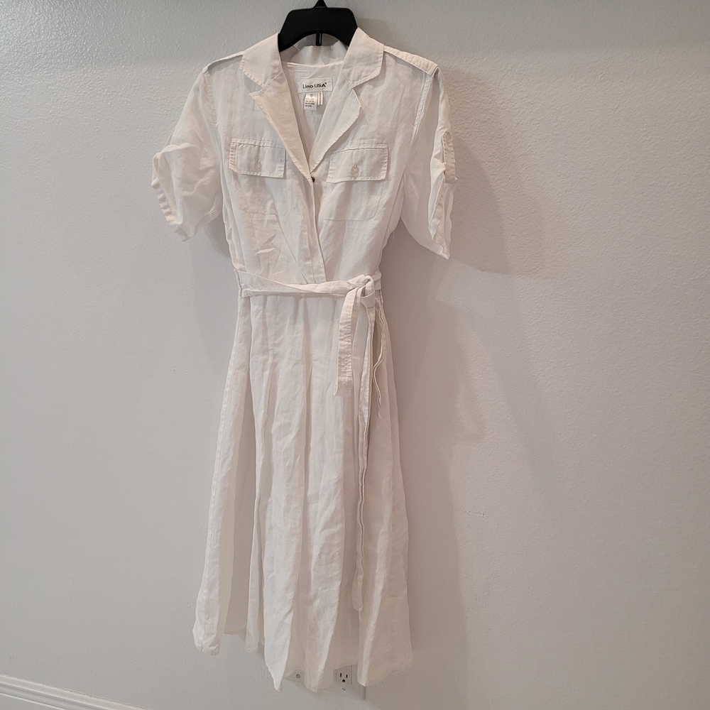 Lino Usa Chic White Midi Shirt Dress 100% Lino Size S - Picture 4 of 12